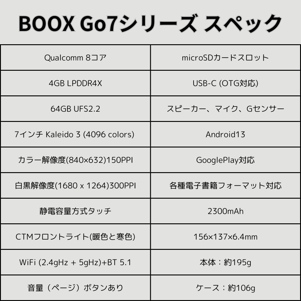 BOOX Go7／GoColor7Gen2 ７インチ Androidタブレット カラー1種類 モノクロ2種類